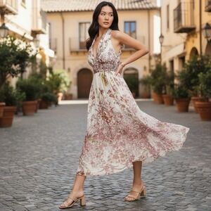 Ranna Gill Medium Nikhita Floral Chiffon Layered V-Neck Sleeveless‎ Maxi Dress